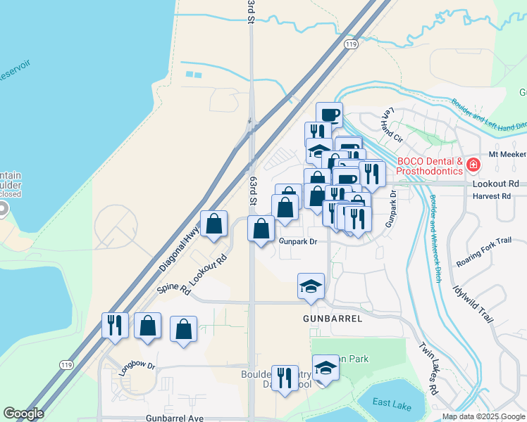 map of restaurants, bars, coffee shops, grocery stores, and more near 6300 Gunpark Drive in Boulder