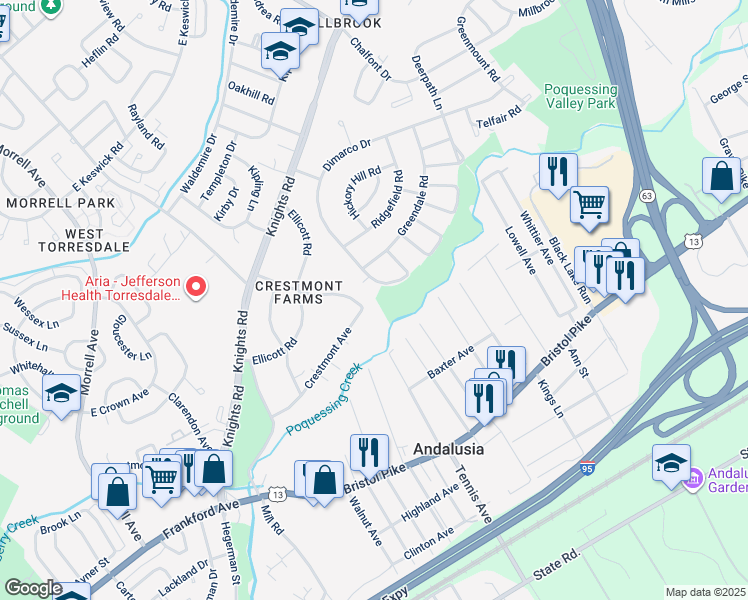 map of restaurants, bars, coffee shops, grocery stores, and more near 229 Goodford Road in Philadelphia