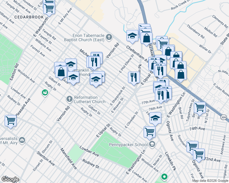 map of restaurants, bars, coffee shops, grocery stores, and more near 7818 Fayette Street in Philadelphia