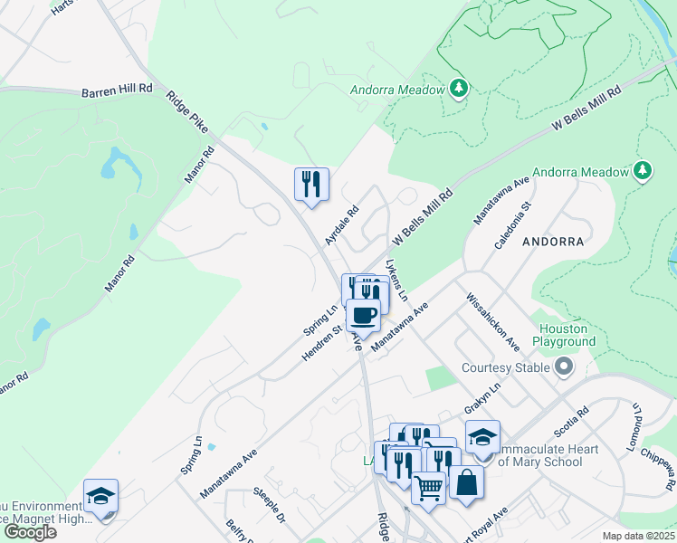 map of restaurants, bars, coffee shops, grocery stores, and more near 9001 Ridge Avenue in Philadelphia