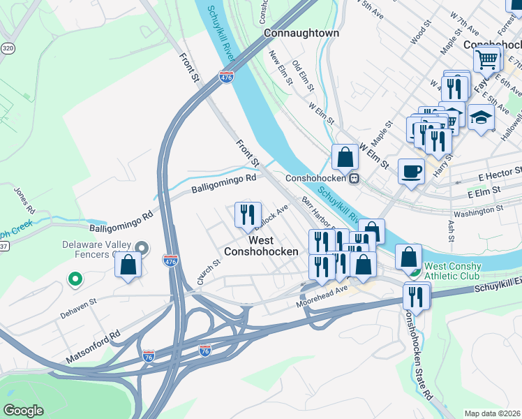map of restaurants, bars, coffee shops, grocery stores, and more near 300 Bullock Avenue in Conshohocken