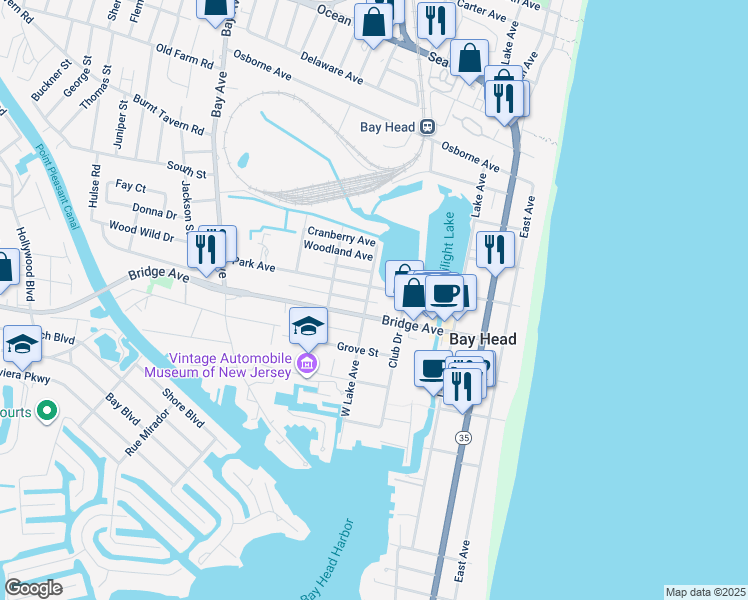 map of restaurants, bars, coffee shops, grocery stores, and more near 417 W Lake Ave in Bay Head