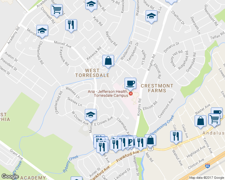 map of restaurants, bars, coffee shops, grocery stores, and more near 3577 Nottingham Lane in Philadelphia