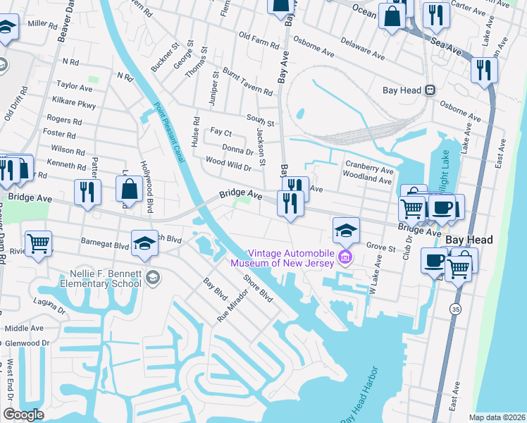 map of restaurants, bars, coffee shops, grocery stores, and more near 716 Howe Street in Point Pleasant
