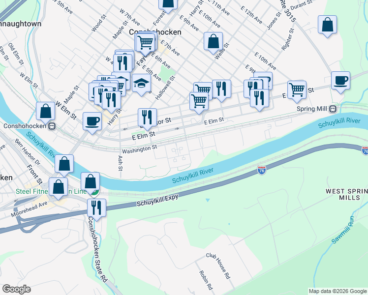 map of restaurants, bars, coffee shops, grocery stores, and more near 309 Washington Street in Conshohocken