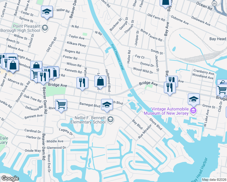 map of restaurants, bars, coffee shops, grocery stores, and more near 2034 Bridge Avenue in Point Pleasant