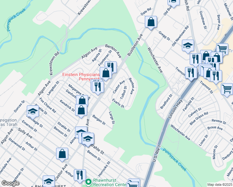 map of restaurants, bars, coffee shops, grocery stores, and more near 8535 Castor Avenue in Philadelphia