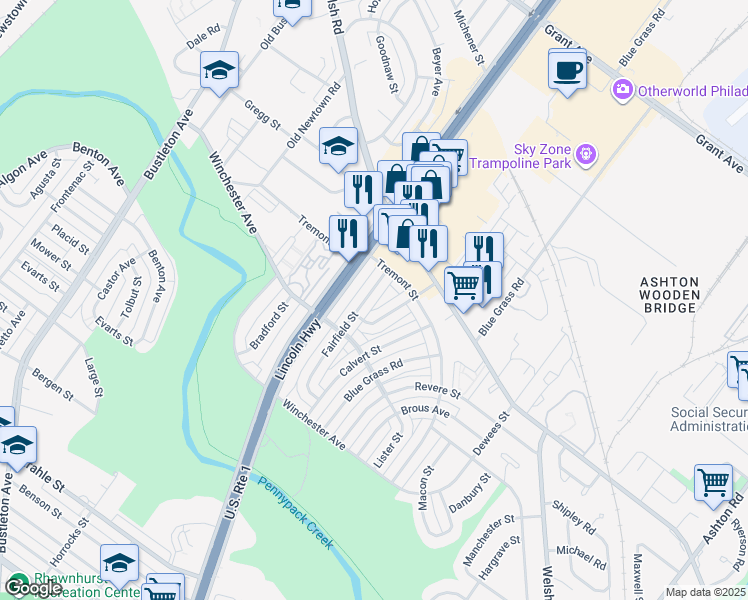 map of restaurants, bars, coffee shops, grocery stores, and more near 8913 Fairfield Street in Philadelphia