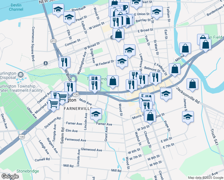 map of restaurants, bars, coffee shops, grocery stores, and more near 124 U.S. 130 in Burlington