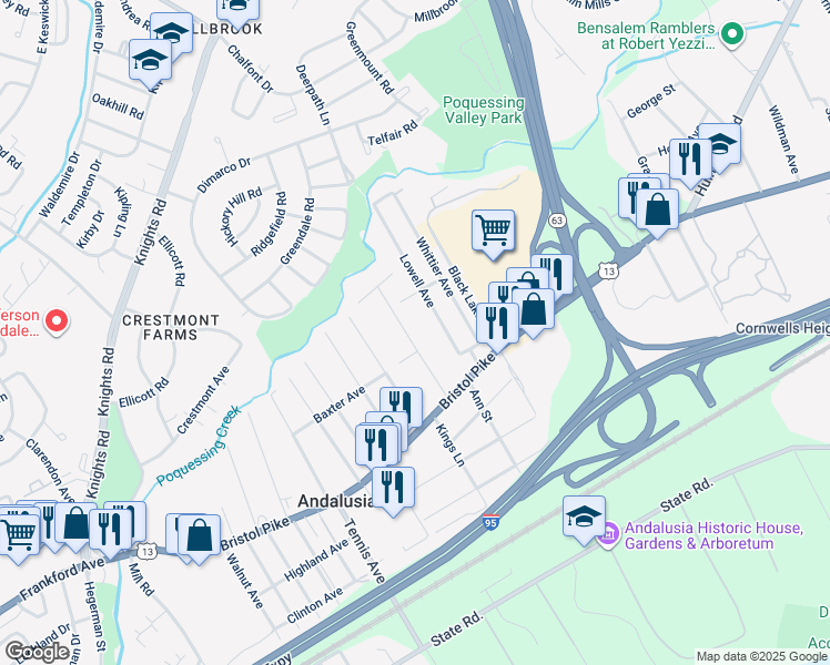 map of restaurants, bars, coffee shops, grocery stores, and more near 1107 Emerson Lane in Bensalem