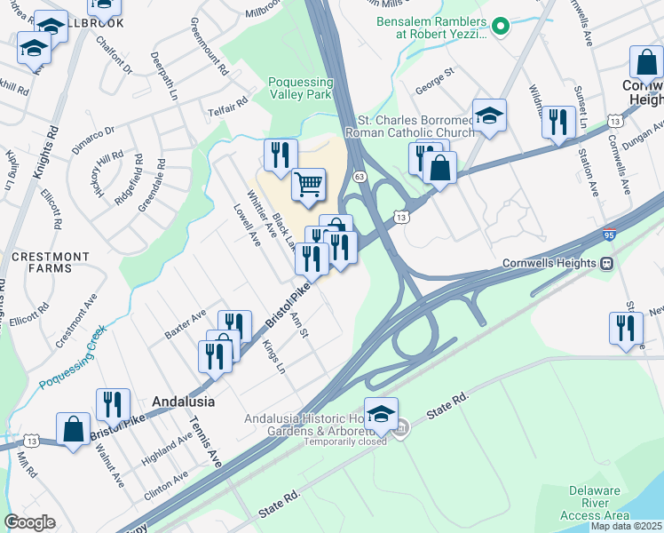 map of restaurants, bars, coffee shops, grocery stores, and more near 1301 Bristol Pike in Bensalem