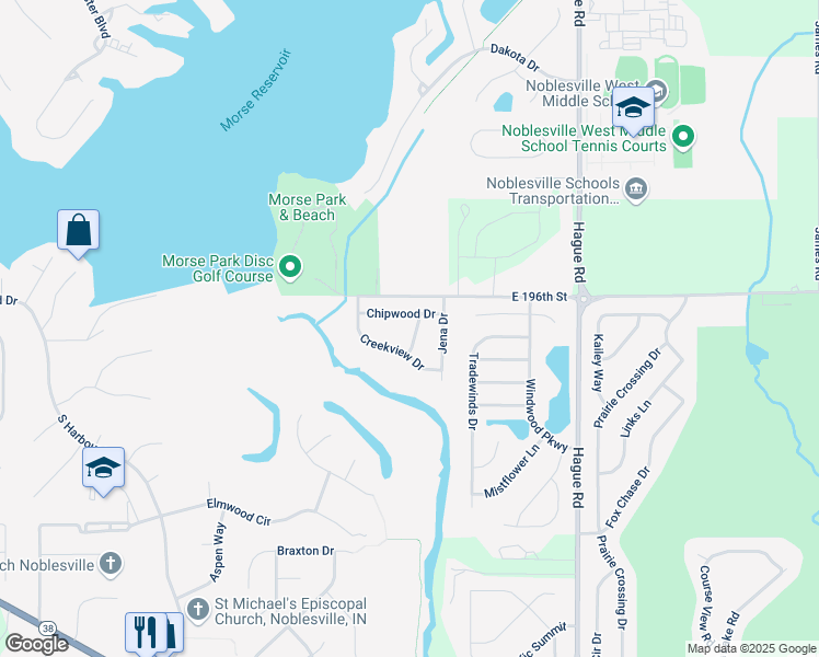 map of restaurants, bars, coffee shops, grocery stores, and more near 19539 Diamond Way in Noblesville