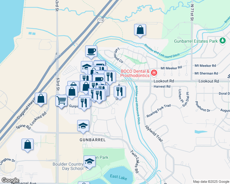 map of restaurants, bars, coffee shops, grocery stores, and more near 6590 Finley Place in Boulder