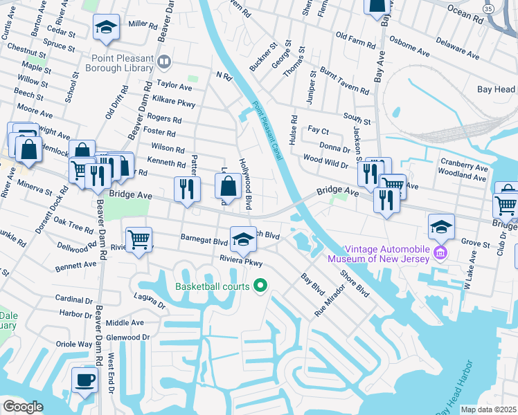 map of restaurants, bars, coffee shops, grocery stores, and more near 2034 Bridge Avenue in Point Pleasant