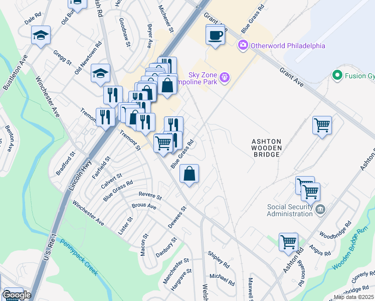 map of restaurants, bars, coffee shops, grocery stores, and more near 9119 Blue Grass Road in Philadelphia