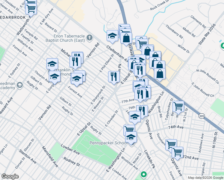 map of restaurants, bars, coffee shops, grocery stores, and more near 7701 Fayette Street in Philadelphia