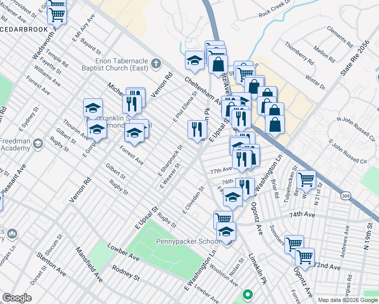 map of restaurants, bars, coffee shops, grocery stores, and more near 7701 Fayette Street in Philadelphia