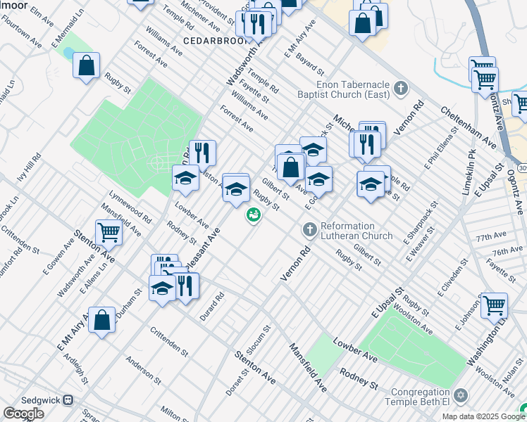 map of restaurants, bars, coffee shops, grocery stores, and more near 1199 East Sedgwick Street in Philadelphia