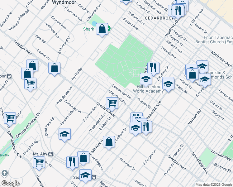 map of restaurants, bars, coffee shops, grocery stores, and more near 8333 Mansfield Avenue in Philadelphia