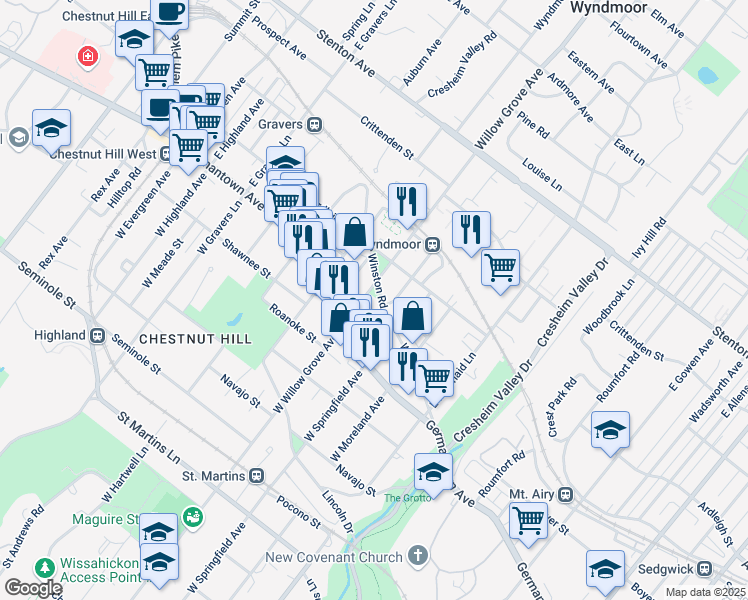 map of restaurants, bars, coffee shops, grocery stores, and more near 33 Benezet Street in Philadelphia