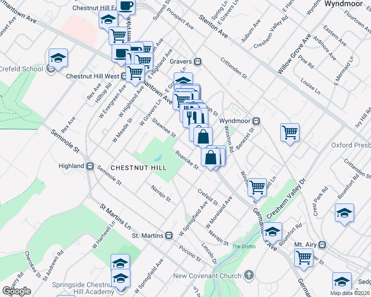 map of restaurants, bars, coffee shops, grocery stores, and more near 36 West Abington Avenue in Philadelphia