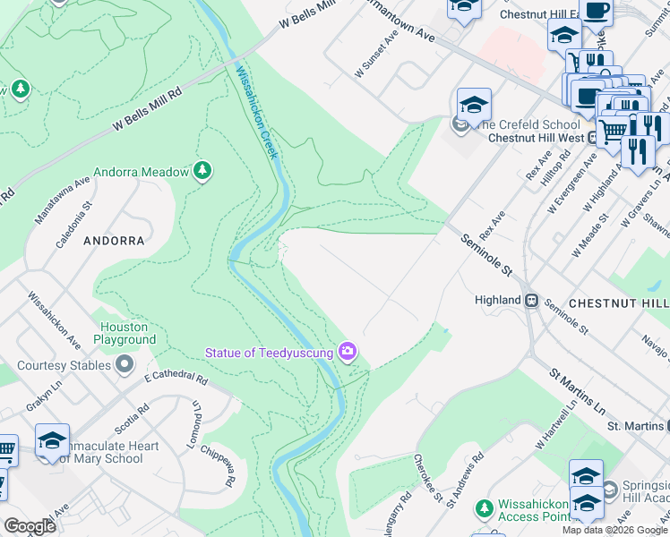 map of restaurants, bars, coffee shops, grocery stores, and more near 8860 Towanda Street in Philadelphia