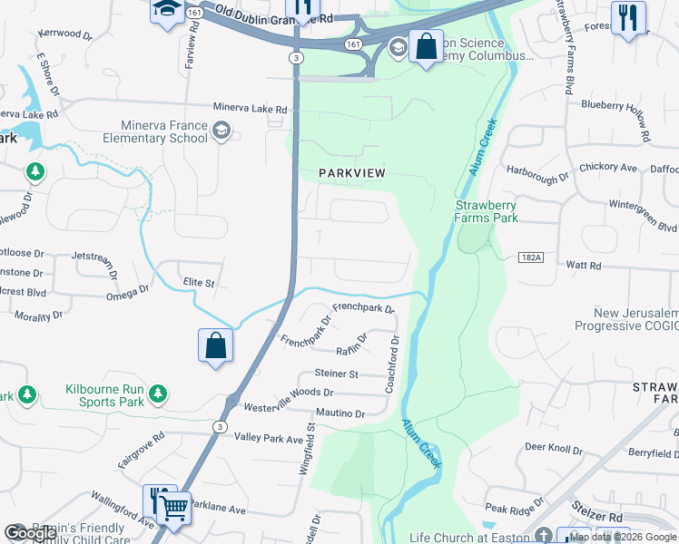 map of restaurants, bars, coffee shops, grocery stores, and more near 3497 Westbay Drive in Columbus