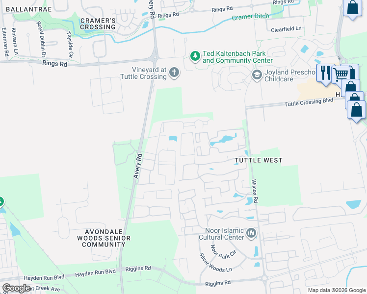 map of restaurants, bars, coffee shops, grocery stores, and more near 5822 Whitebark Pine Trail in Dublin