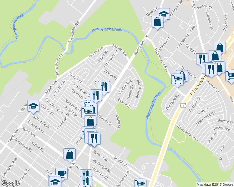 map of restaurants, bars, coffee shops, grocery stores, and more near 8530 Castor Avenue in Philadelphia