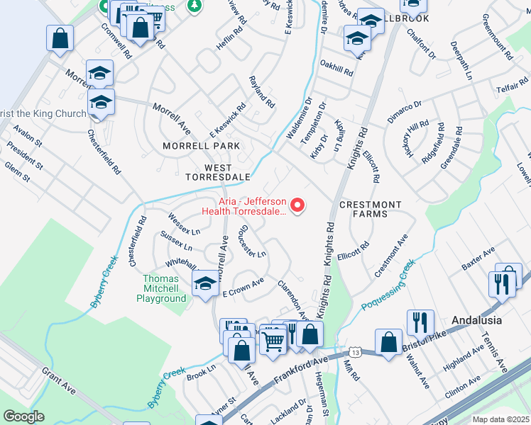 map of restaurants, bars, coffee shops, grocery stores, and more near 3577 Nottingham Lane in Philadelphia