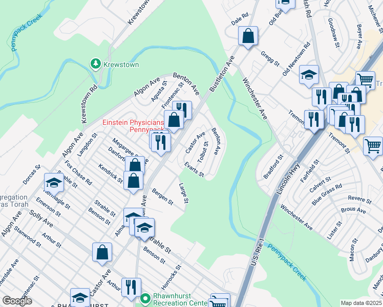 map of restaurants, bars, coffee shops, grocery stores, and more near 8535 Castor Avenue in Philadelphia