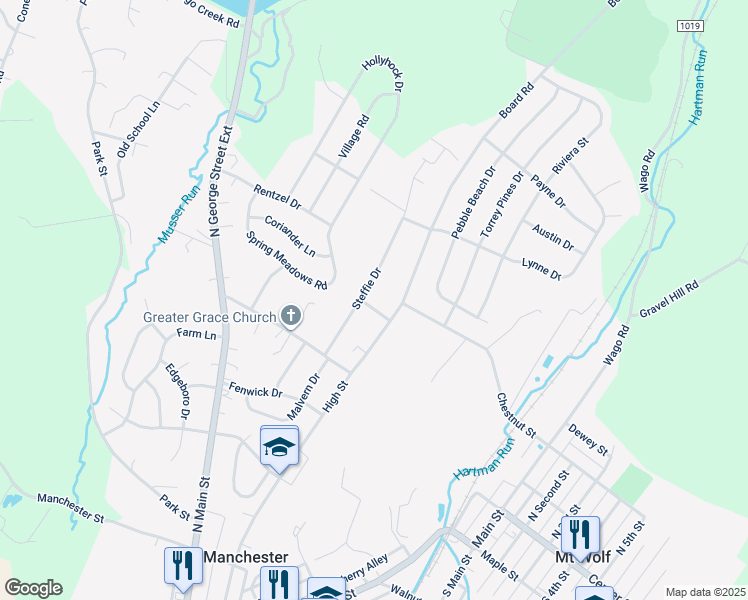 map of restaurants, bars, coffee shops, grocery stores, and more near 85 Steffie Drive in Mount Wolf