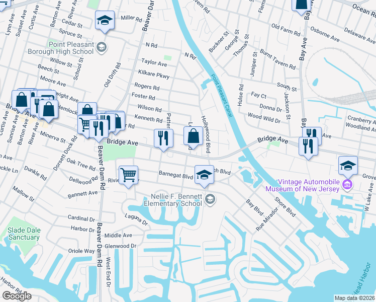 map of restaurants, bars, coffee shops, grocery stores, and more near 2131 Beach Boulevard in Point Pleasant
