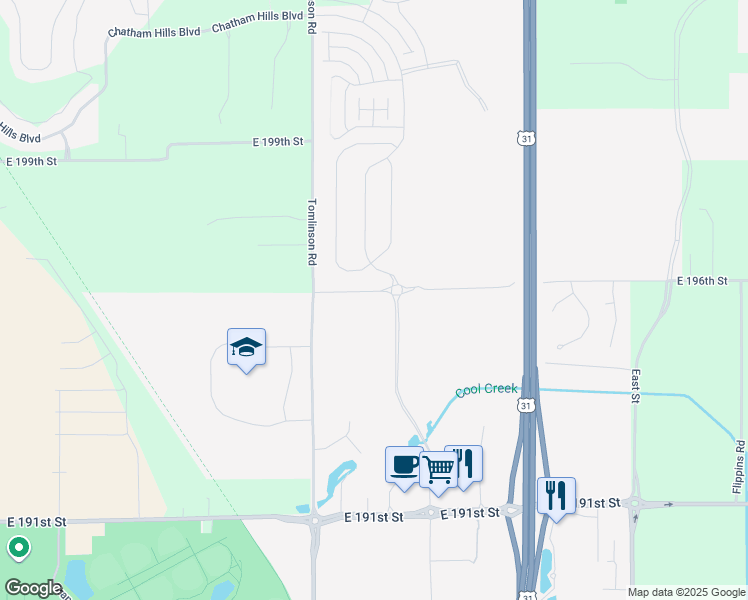 map of restaurants, bars, coffee shops, grocery stores, and more near 19530 Chad Hittle Drive in Westfield