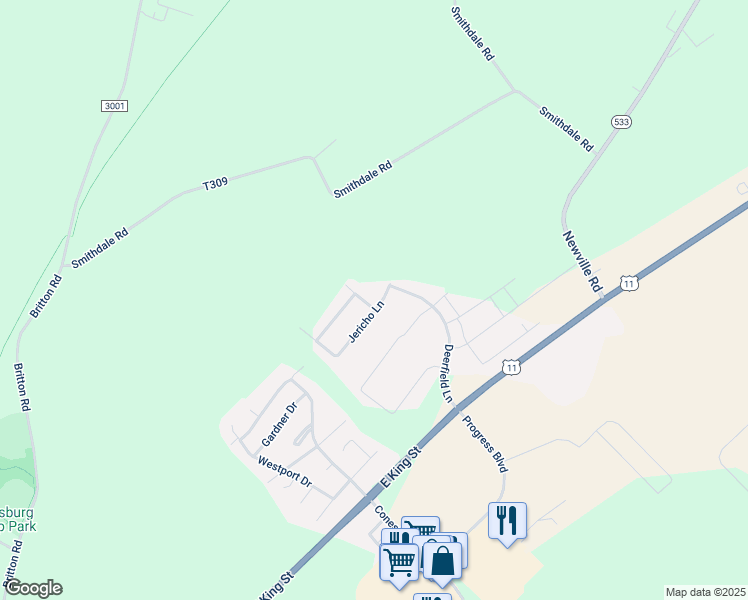 map of restaurants, bars, coffee shops, grocery stores, and more near 222 Jericho Lane in Shippensburg