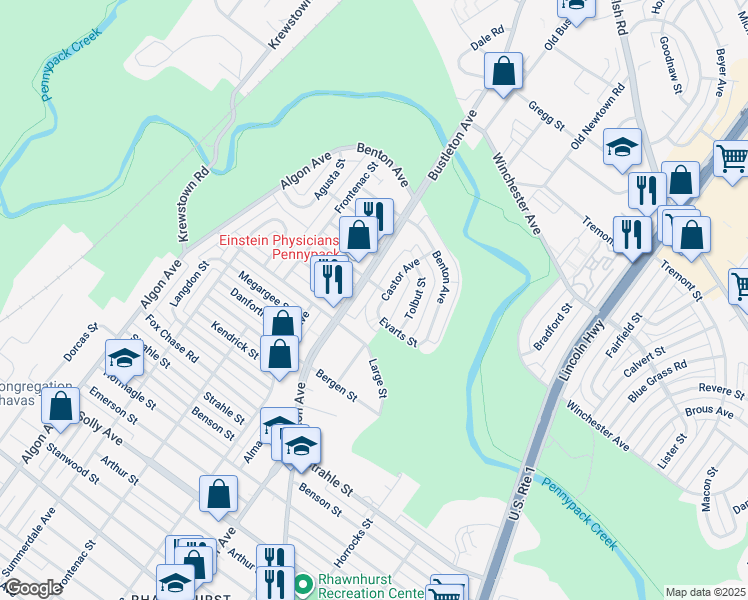 map of restaurants, bars, coffee shops, grocery stores, and more near 8530 Castor Avenue in Philadelphia