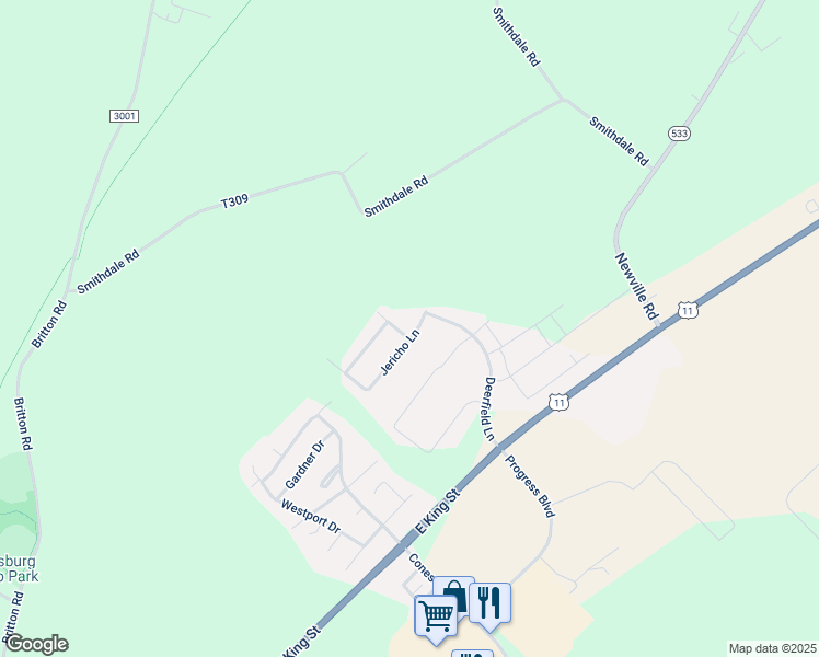 map of restaurants, bars, coffee shops, grocery stores, and more near 222 Jericho Lane in Shippensburg