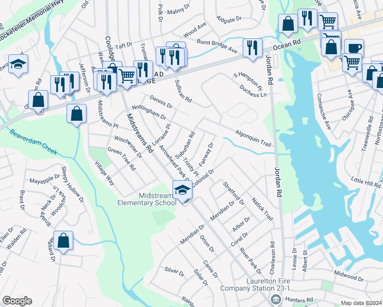 map of restaurants, bars, coffee shops, grocery stores, and more near 105 Trinity Place in Brick Township