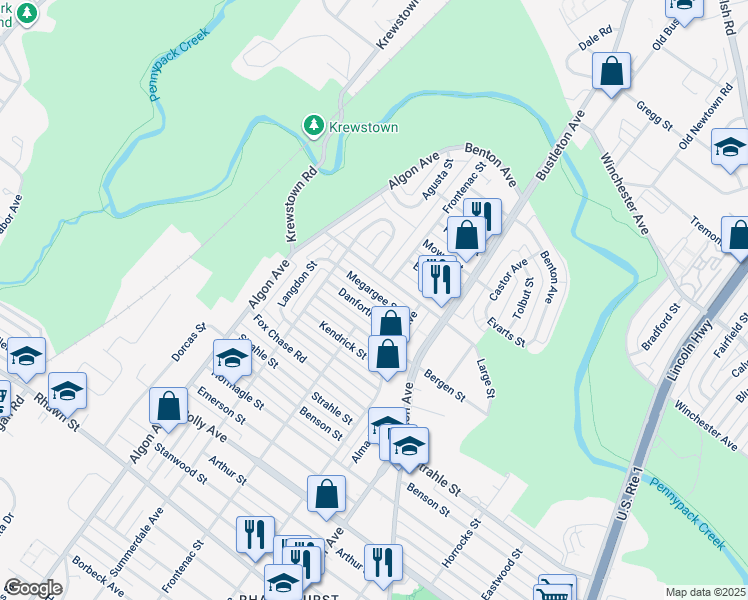 map of restaurants, bars, coffee shops, grocery stores, and more near 1804 Megargee Street in Philadelphia
