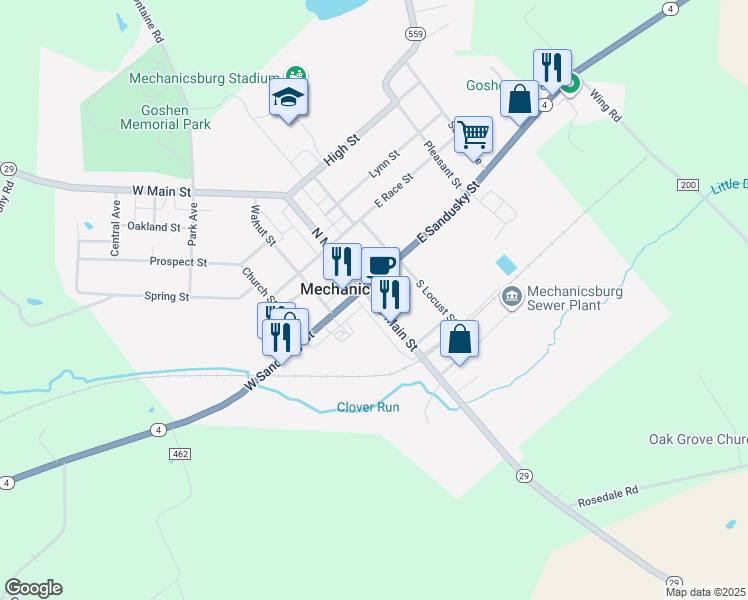 map of restaurants, bars, coffee shops, grocery stores, and more near 16 South Main Street in Mechanicsburg