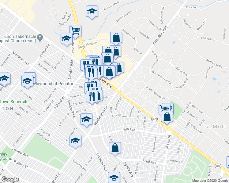 map of restaurants, bars, coffee shops, grocery stores, and more near 2304 West Cheltenham Avenue in Philadelphia