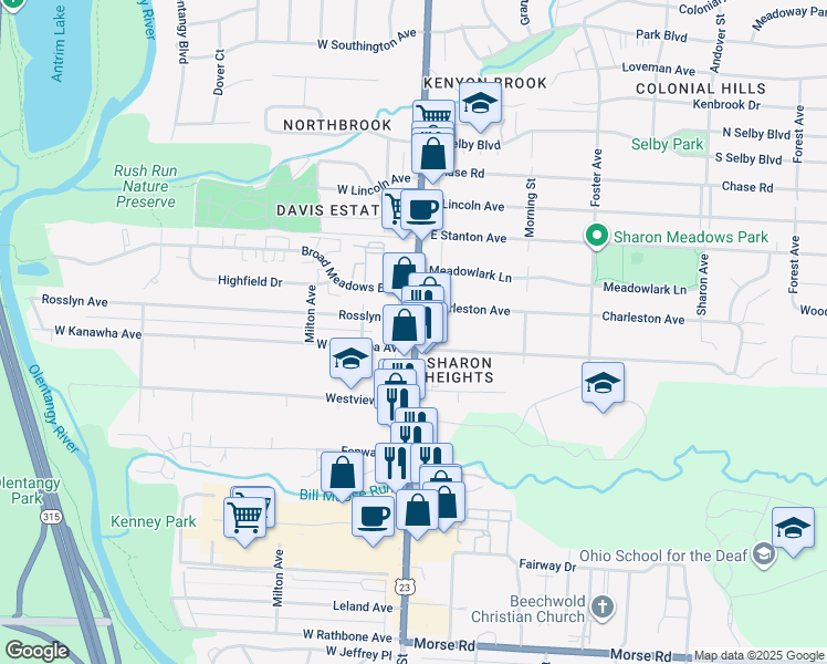 map of restaurants, bars, coffee shops, grocery stores, and more near 5353 High St in Columbus