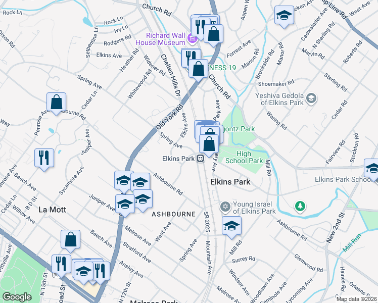 map of restaurants, bars, coffee shops, grocery stores, and more near 7825 Park Avenue in Elkins Park