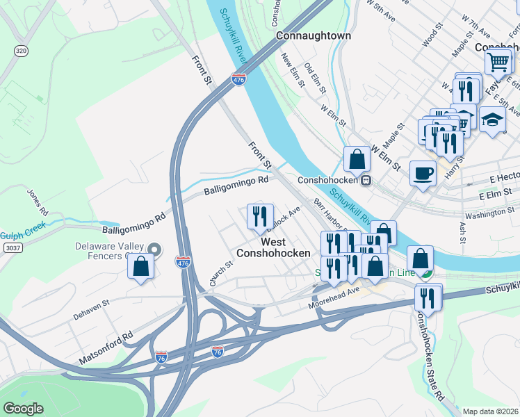 map of restaurants, bars, coffee shops, grocery stores, and more near 300 Bullock Avenue in Conshohocken