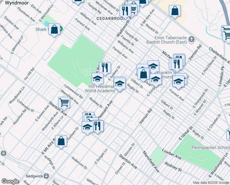 map of restaurants, bars, coffee shops, grocery stores, and more near 8130 Woolston Avenue in Philadelphia