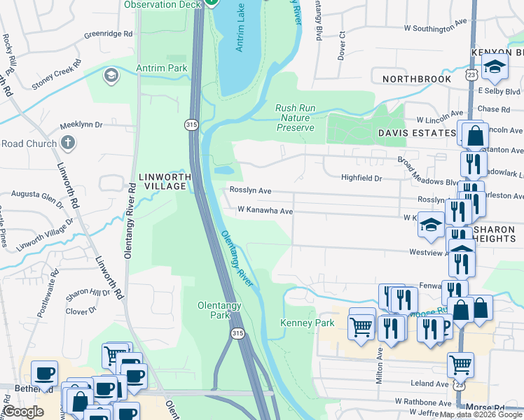map of restaurants, bars, coffee shops, grocery stores, and more near 433 West Kanawha Avenue in Columbus