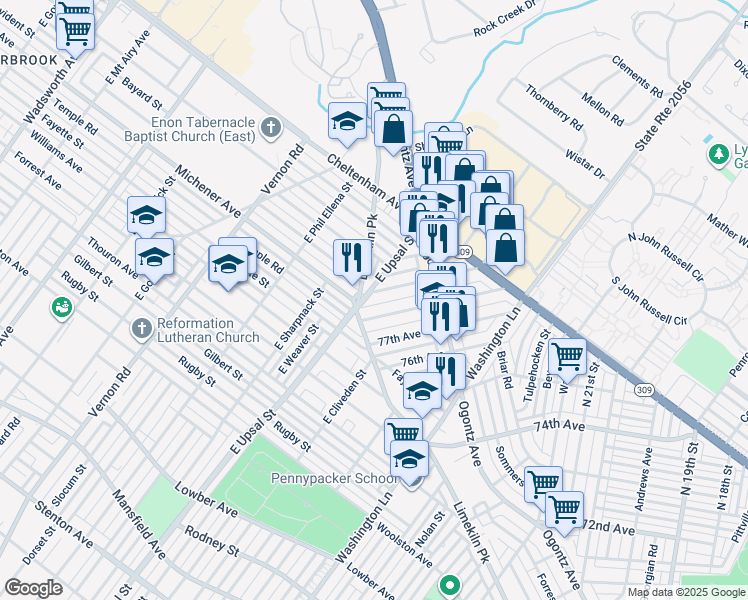 map of restaurants, bars, coffee shops, grocery stores, and more near 2486 79th Avenue in Philadelphia