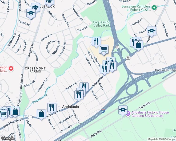 map of restaurants, bars, coffee shops, grocery stores, and more near 1107 Emerson Lane in Bensalem