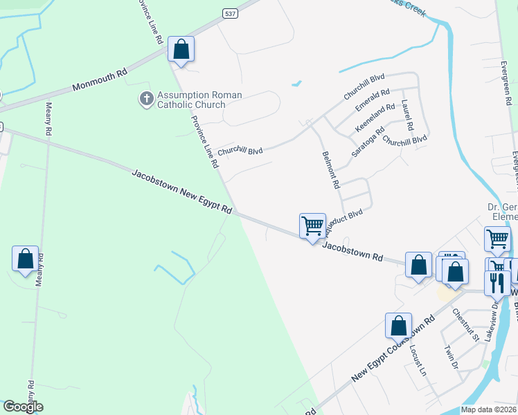 map of restaurants, bars, coffee shops, grocery stores, and more near 99 Jacobstown Road in Plumsted