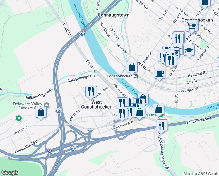 map of restaurants, bars, coffee shops, grocery stores, and more near 160 Merion Avenue in Conshohocken